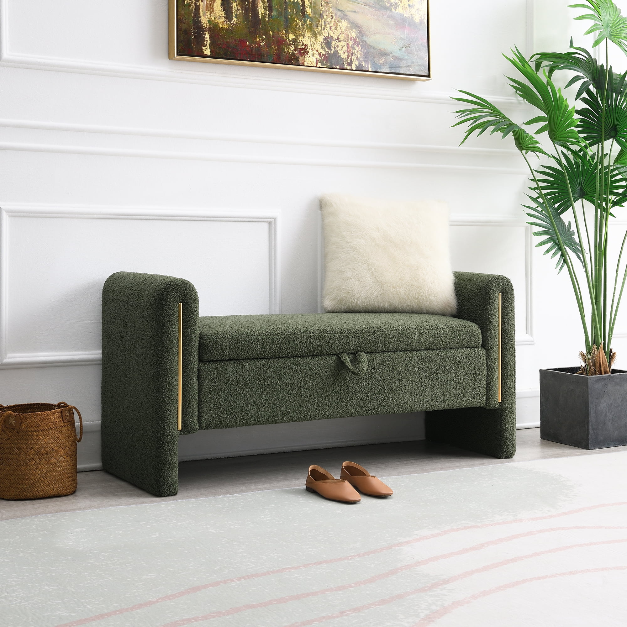 Miniyam Modern Teddy Fabric Upholstered Bed End Bench with Arms and Storage, for Living Room,Bedroom, Olive Green
