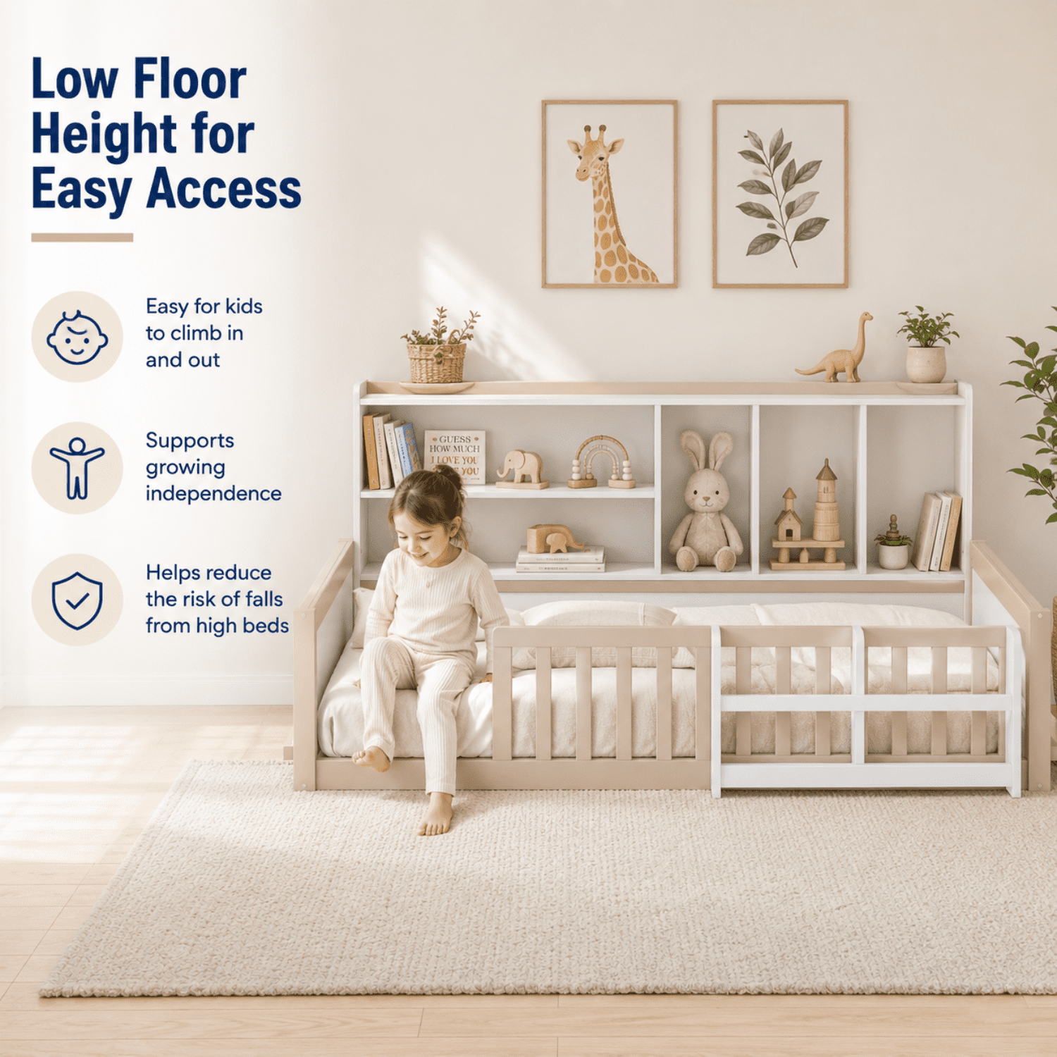 Miniyam Twin Size Floor Bed, Kids Wood Bed Frame with Guardrails, Side Bookshelf, Nude and White