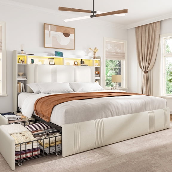 EnHomee Queen Size Bed Frame with 4 Drawers & 3-Tier Storage Shelf Upholstered Bed Frame Queen with Headboard Bed Frame Queen with LED Lights & Charge Station, No Box Spring Needed, No-Noise, Beige