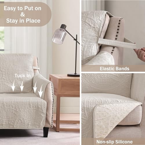 Beige Quilted Loveseat Slipcover for 2-Cushion Sofa, Water-Resistant and Machine Washable Pet-Friendly Couch Cover, Furniture Protector for Living Room (48 Inch)