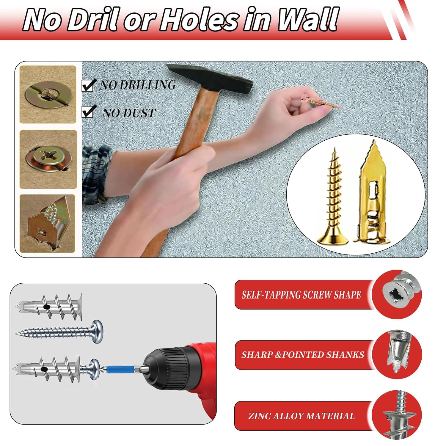 220PCS Self Drilling Drywall Anchors with Screws Kit,5-Sizes Metal Expansion Bolt for Dry Wall,110 PCS Sheetrock Anchors and 110 PCS Screws-No Drill Needed