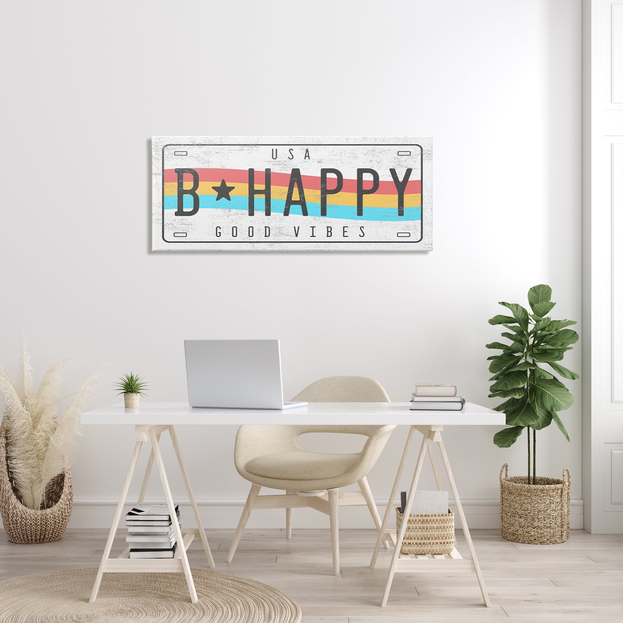 Stupell Industries B Happy Rainbow License Plate Good Vibes Sentiment Graphic Art Gallery-Wrapped Canvas Print Wall Art, 20x48, by Daphne Polselli