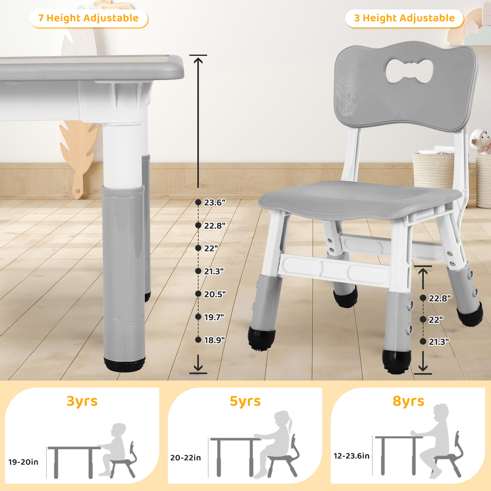 Arlopu Kids Table and 4 Chairs Set, Gray photo 3