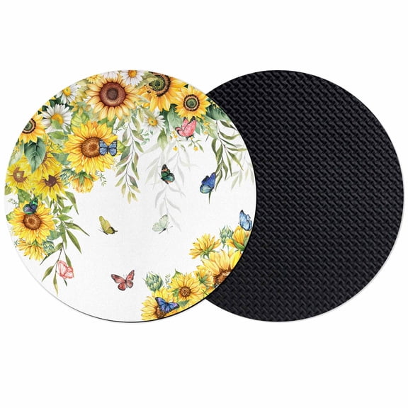 Sunflower Coasters Set of 2, Soft Absorbent Coasters for Drinks, Summer Botanical Butterfly Watercolor Non-Slip Cup Coaster Mat with Rubber Bottom for Home Kitchen Desk Coffee Bar Table Decor 4"