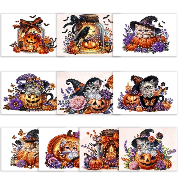 Halloween Diamond Art Cards 10 Pack, 4.5 X 3 Inch 5D Diamond Painting Kit, All Age Gem Art Craft Set for Halloween Decor, Creative Diy Art Activity Supplies