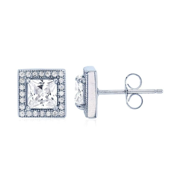 Decadence Sterling Silver Square Halo Pave Stud Earrings