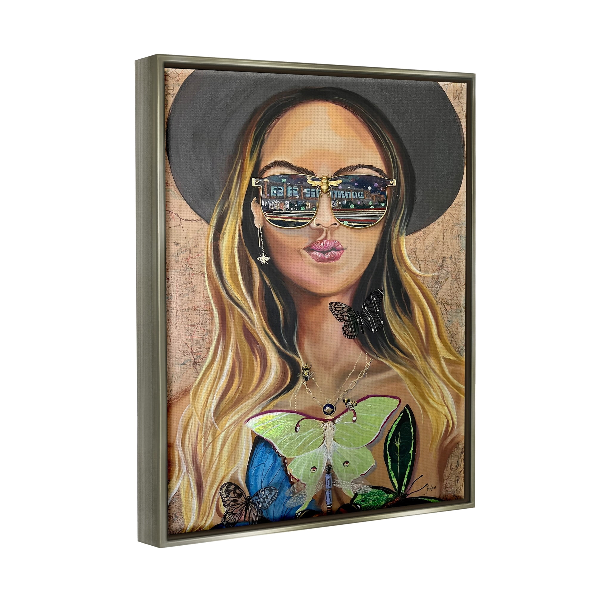 Stupell Industries Trendy Woman Luna Moth City Reflection Sunglasses Painting Luster Gray Floating Framed Canvas Print Wall Art, Design by Stacy Gresell