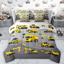 Manfei Equipped Truck 7-Piece Twin Bedding Sets,Excavator Crane Car Bedding Comforter Set,Yellow Gray Sheet Sets For Boys Teens,Ultra Soft Home Decor Reversible