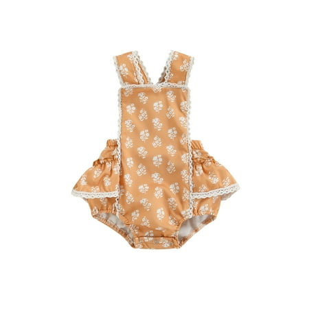

JINSIJU Newborn Girl Sleeveless Romper Printed Lace Edge Sweet Style Casual Simple Jumpsuit