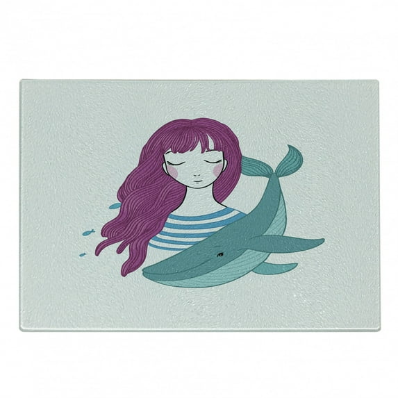 Retro Cutting Board, Illustration of a Teenage Girl with Closed Eyes and a Funny Whale, Decorative Tempered Glass Cutting and Serving Board, Small Size, Turquoise Magenta, by Ambesonne