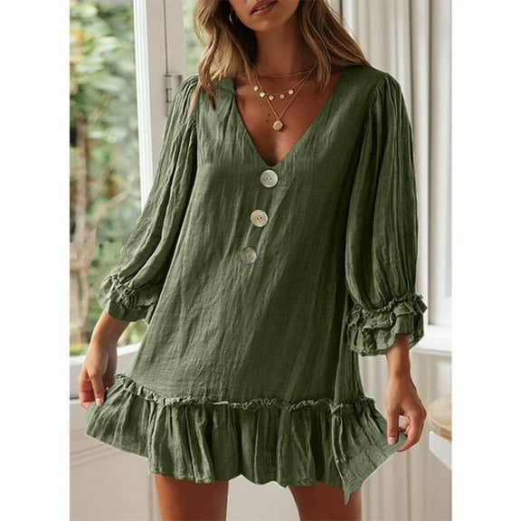 Blczomt Casual Womens Holiday Dress Green Plain Mini Long Sleeve A Line Flowy V Neck Button Dress