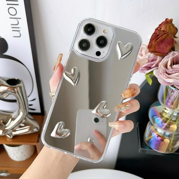 for iPhone 15 Pro Max Case Heart Cute Silicone Luxury Girly Women Clear Hybrid Pattern Glitter Bling Slim Thin Protective Phone Cases for iPhone 15 Pro Max Case Silver