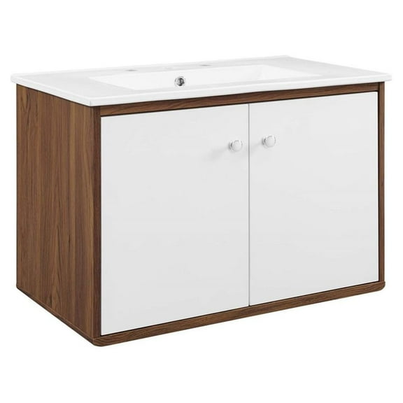 Modway Transmit 30" Wall-Mount Bathroom Vanity in Walnut White