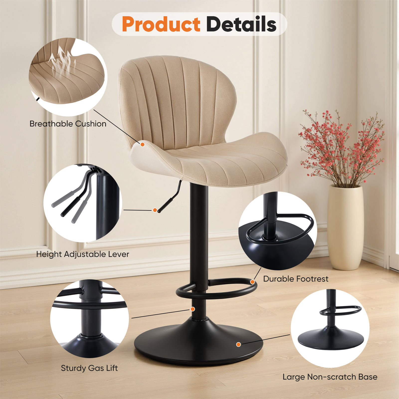 EDX Bar Stools Set of 2, Modern Adjustable Armless Swivel Counter Stools with PU Leather, Gray