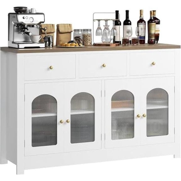 White 55 Inch Large Sideboard Buffet Cabinet, 3 Drawer 4 Door Adjustable Shelf Wine Storage Coffee Bar