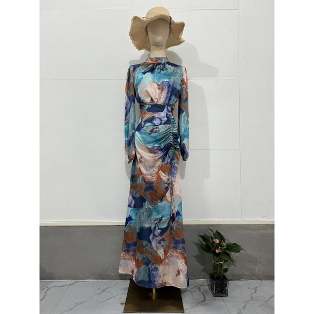 Vestido de otoño con cintura plisada y estilo exótico que adelgaza, de manga larga y largo medio para mujer