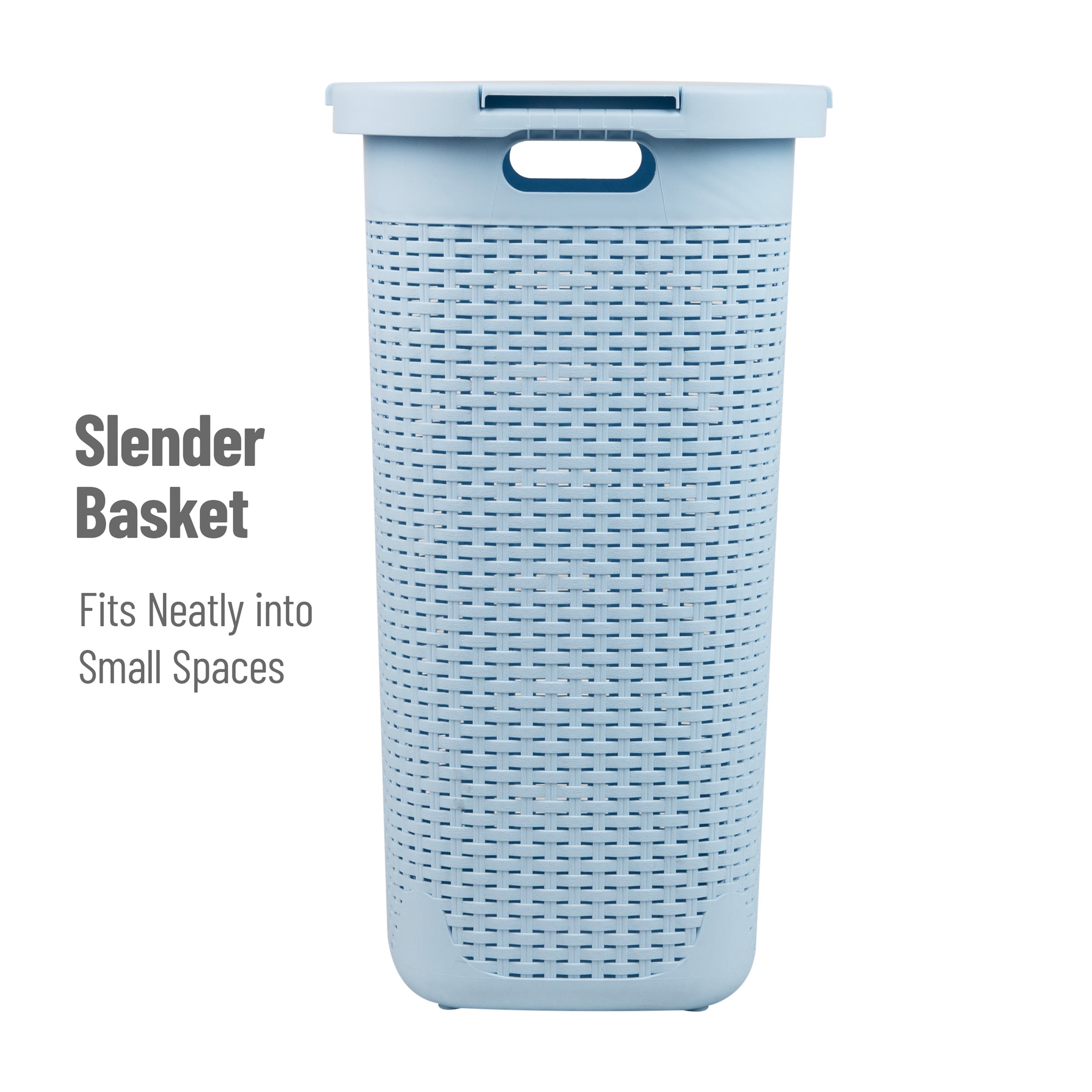 Mind Reader 60L Slim Laundry Hamper, Clothes Basket, Lid, Wicker Design, Plastic, Baby Blue
