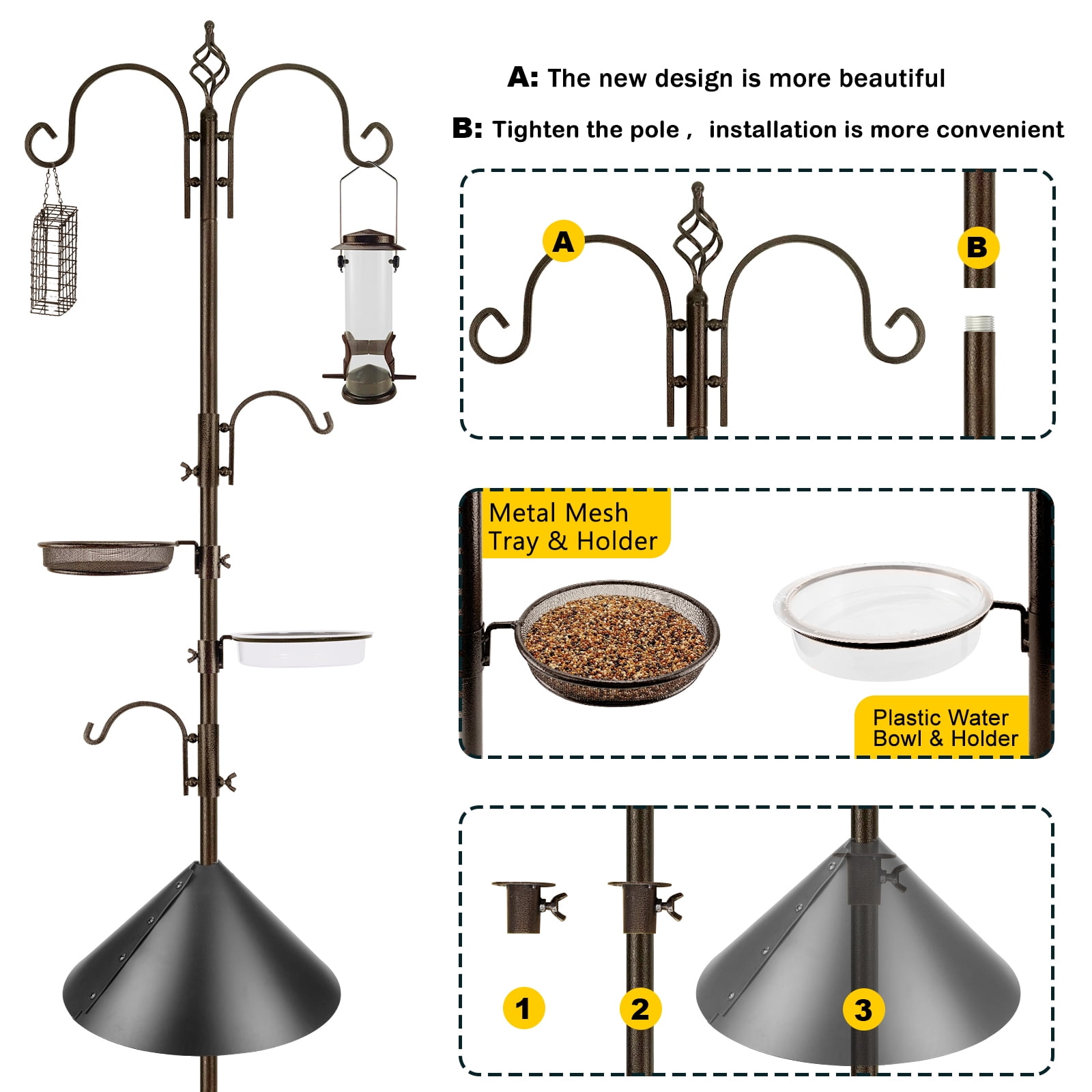 Urban Deco Bird Feeders Bird Feeding Station Kit Bird Feeding Pole Wild Bird Feeder Hanging Kit with Squirrel Guard Baffle Suet Cage Tube Bird Feeder Planter Hanger Multi Feeder for Attracting Birds