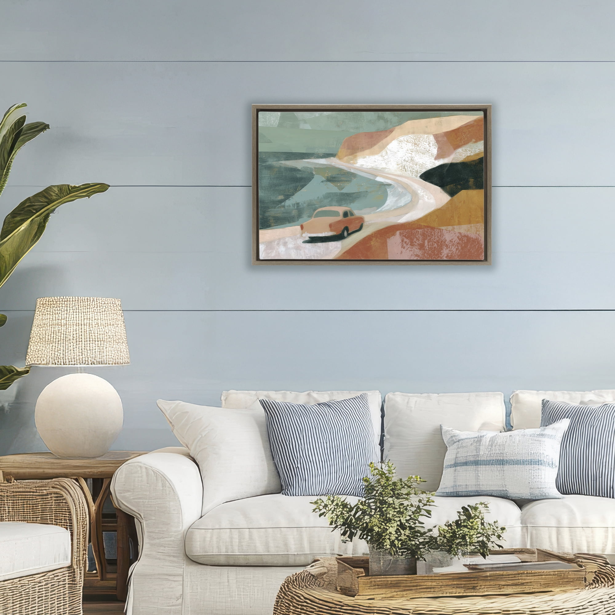 Stupell Industries Classic Car on Coastal Highway Brown Framed Floater Canvas Wall Art, design by Chromatic Storm Studio