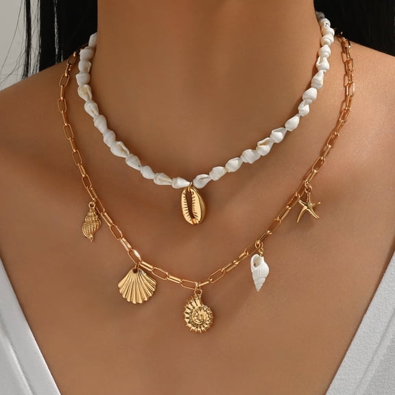 NICKSUN Layered Shell Conch Starfish Pendant Necklace for Women, Dainty Seashell Star Imitation Pearl Choker Golden Link Chain Necklace Boho Stacked Beach Holiday Jewelry