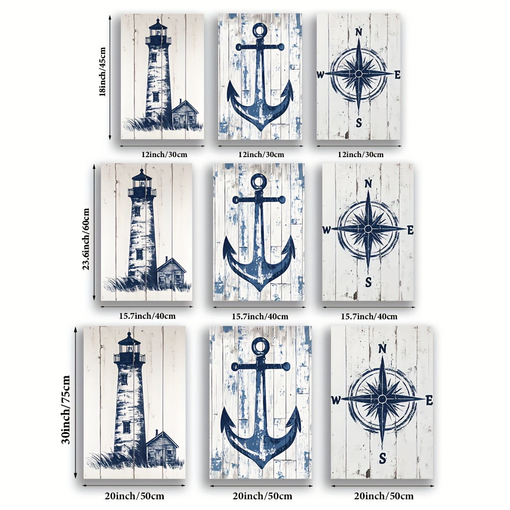 3pcs/Set, Canvas Painting--Unframed, Nautical Charts Lighthouse Anchor Compass, Posters And Prints, Living Room, Library, Office, Cafe, Bar, Abstract Art, Perfect Birthday, Holiday Gift,