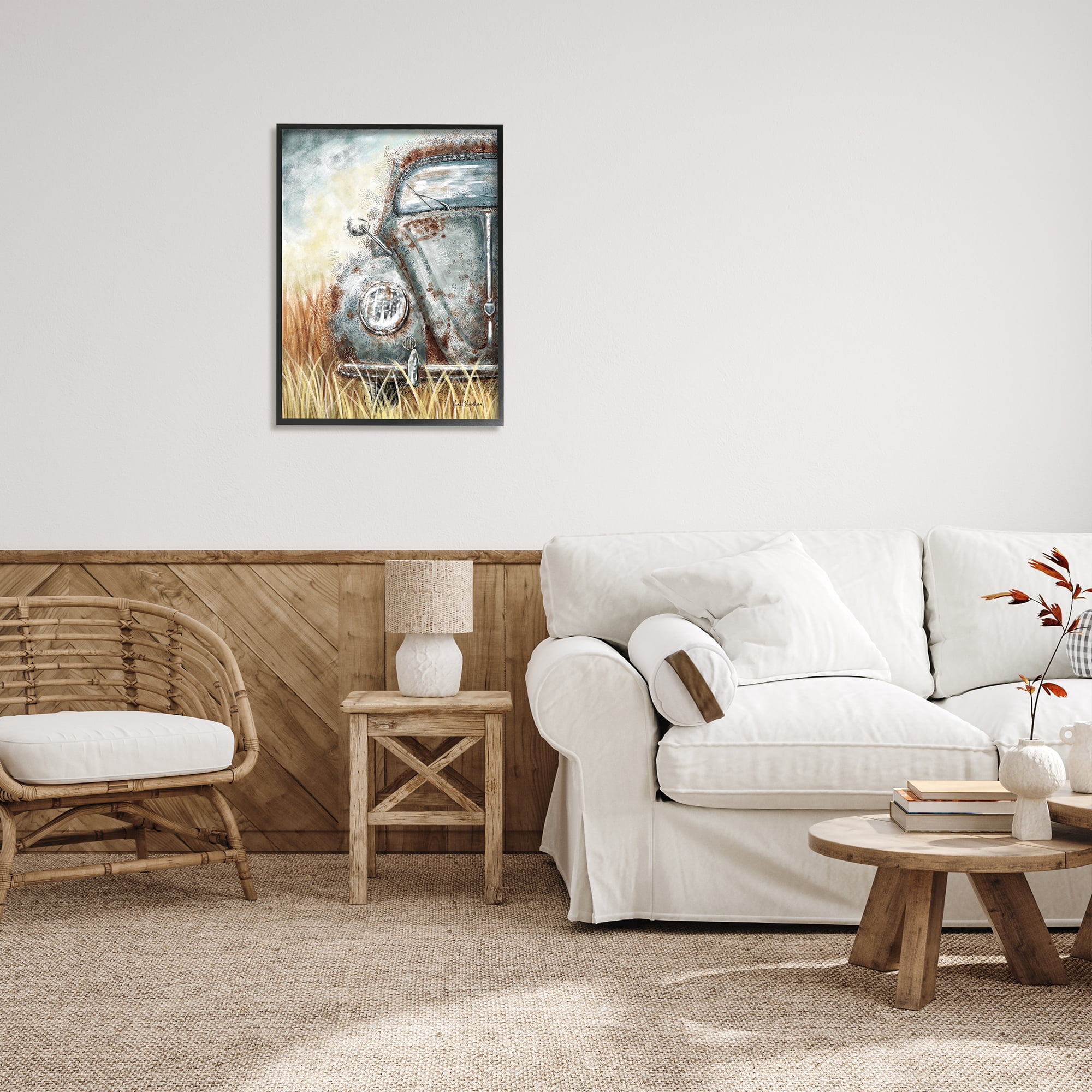 Stupell Industries Vintage Car Country Field Transportation Painting Black Framed Art Print Wall Art, 24 x 30