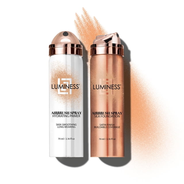 LUMINESS Silk Airbrush Spray Foundation & Primer Kit - Base de completa Fórmula antienvejecimiento hidrata e hidrata con ácido hialurónico aloe vera y seda hidrolizada (sombra - luz cálida)