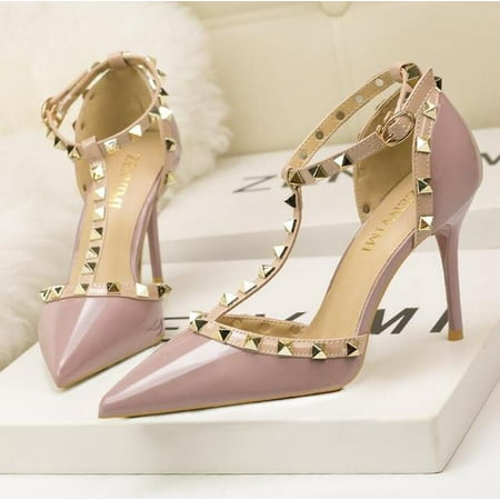 

Women s shoes Roman fashion rivet sandals 10CM PUMPS Sexy nightclub stiletto heels patent-leather metallic rivet hollow