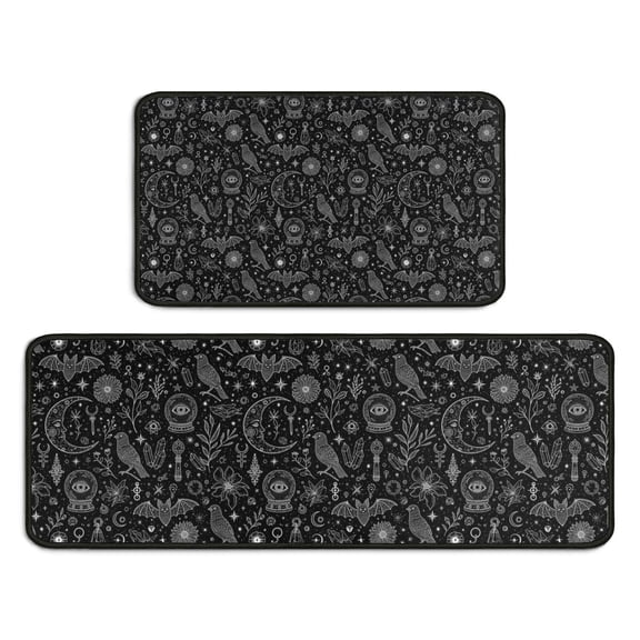 Black White Gothic Crystal Ball Bird Bat Pattern Kitchen Rugs Sets Of 2,Anti Fatigue Kitchen Mat Rugs Non Slip Washable,Decorative Kitchen Floor Mats for Kitchen,Sink,Laundry,17"X30" 17"X47"