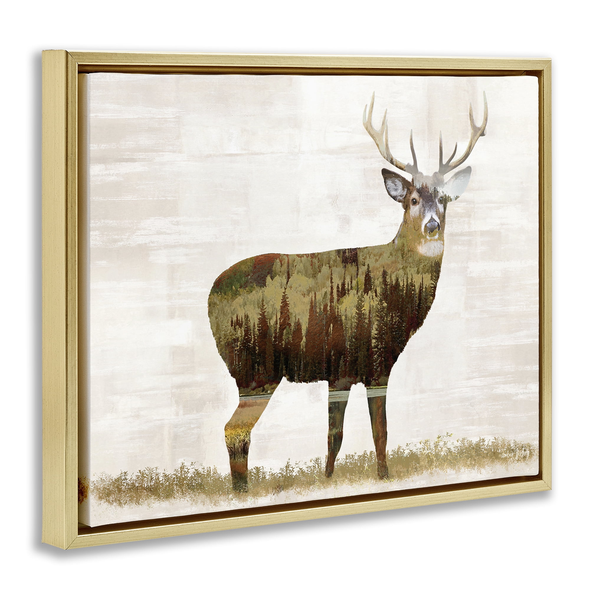 Stupell Industries Forest Pattern Deer Animals & Insects Painting Gold Floater Framed Art Print Wall Art, 31 x 25