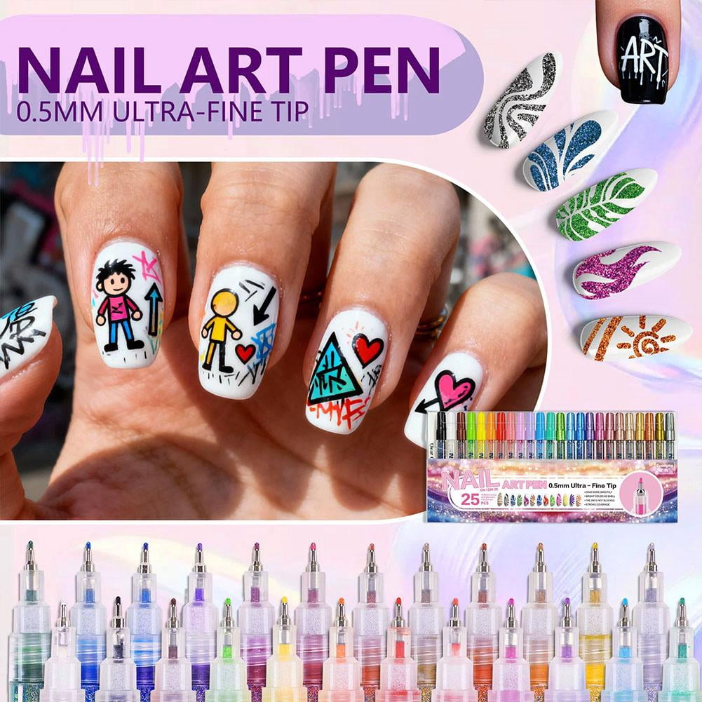 Colors Glitter Nail Art Pens Set, 0.5mm Nail Polish Pens Acrylic Paint Markers for Nails, Quick Dry, Long Lasting Nail Art Markers for Professional Manicure, Home & Salon Use