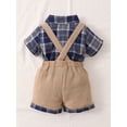 thumbnail image 4 of Baby Boys Dress Clothes, Plaid Print Short Sleeve Lapel Shirt with Bowtie and Suspender Short Set, Baby Boy Formal Set Summer Outfit, 4 of 8