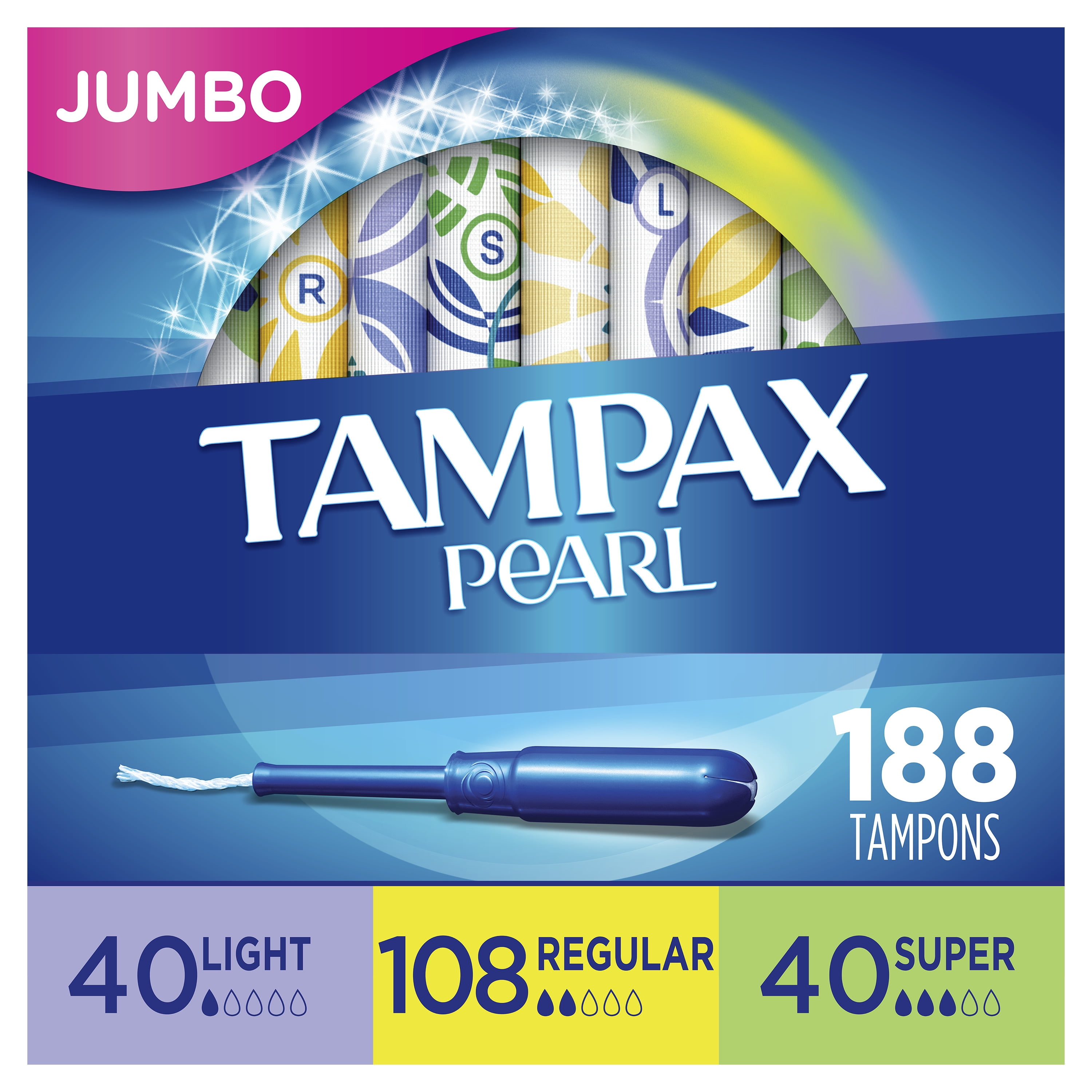 Tampax Pearl Tampons, Unscented, Light/Regular/Sup, Multipack, 188 ct