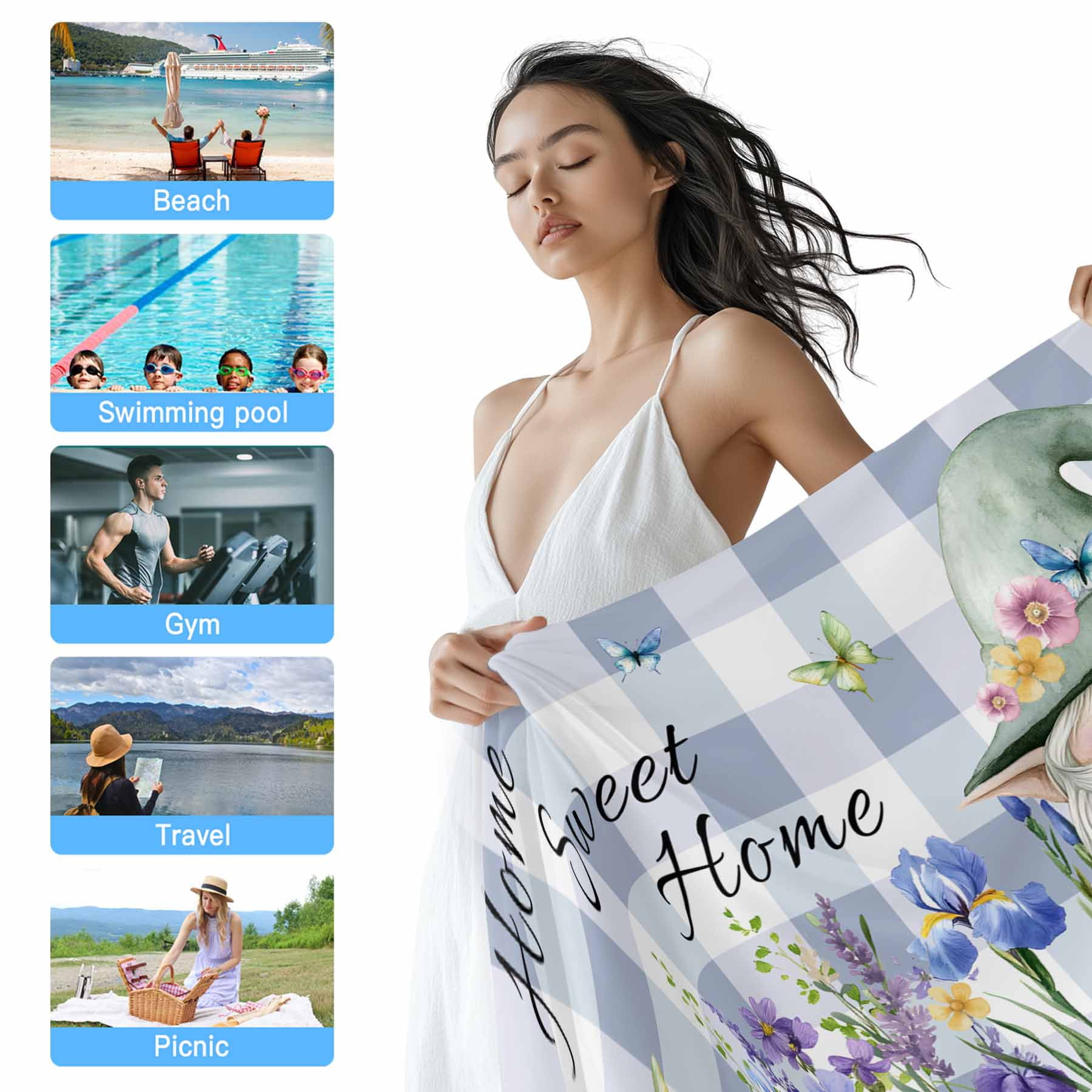 Home Sweet Home Gnome Beach Towels Blanket Soft&Absorbent Quick Dry Microfiber Purple Floral Plaid Pool Towels for Swimming ,Yoga, Sports, Gym, Camping,Large 30X60in,
