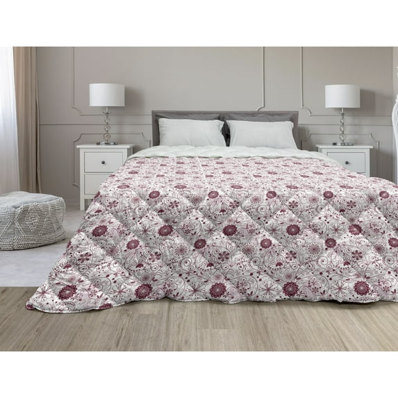 Floral Down Alternative Comforter, Swirls Daisy Flower Bouquets Beauty Exquisite Flourishing Nature Essence, Microfiber Quilt for All Season, 5 Sizes, Sky Blue Grey Apricot, by Ambesonne