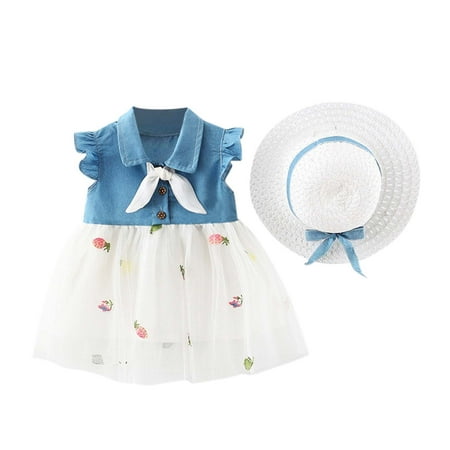 

Summer Dresses For Girls Baby 6M-3Y Fly Sleeve Denim Patchwork Pineapple Tulle Princess Hat Set Sun Dress