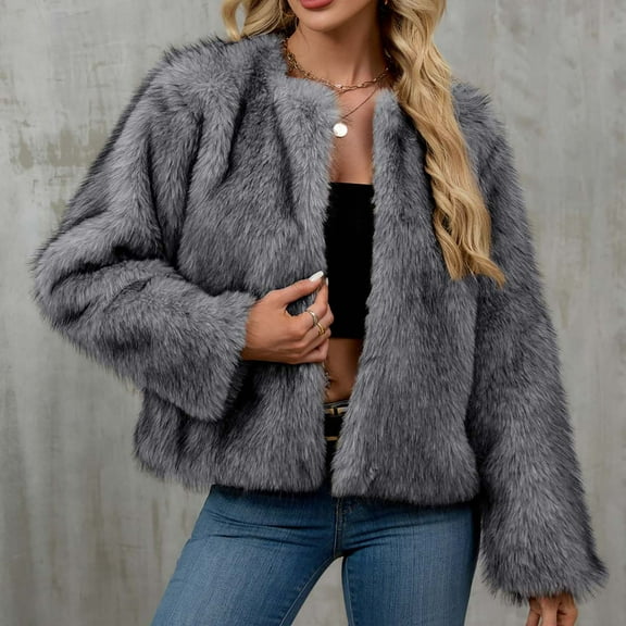 Women's Faux Fur Jacket Winter Warm Short Coat Fleece Outerwear with Round Neck for Ladies Casual Fashion Polyester Coats