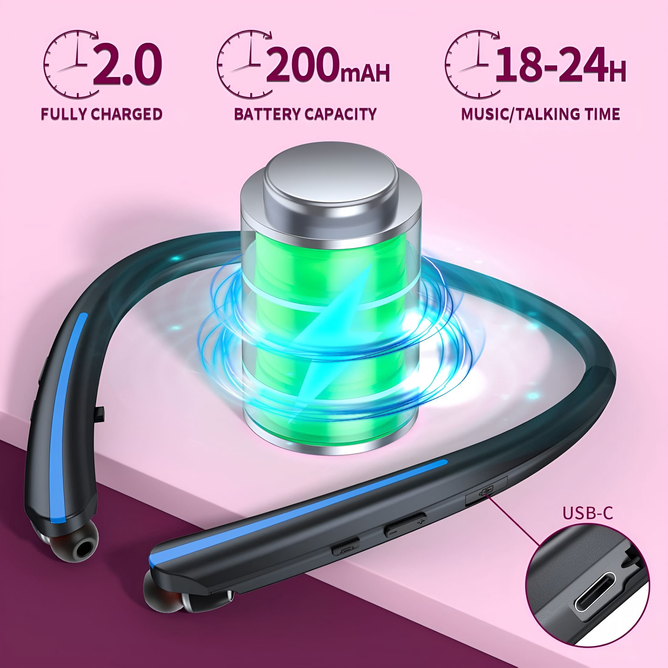 GJX 2026 New Wireless Headphones Retractable Neckband,Wireless Earbuds Bluetooth Headset with Microphone Vibration Call,Stereo Noise Cancelling Earphones(Black Blue)