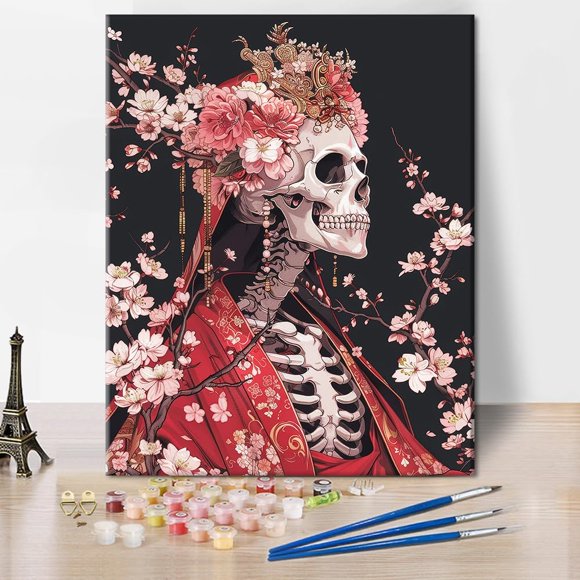 shiyou-DIY Paint by Numbers Skull Paint by Numbers Kit for Adults Canvas Flowers Paint by Numbers Abstraction Oil Hand Painting Art Crafts Flameless Oil Painting Kits 16x20 Inch (Frameless)