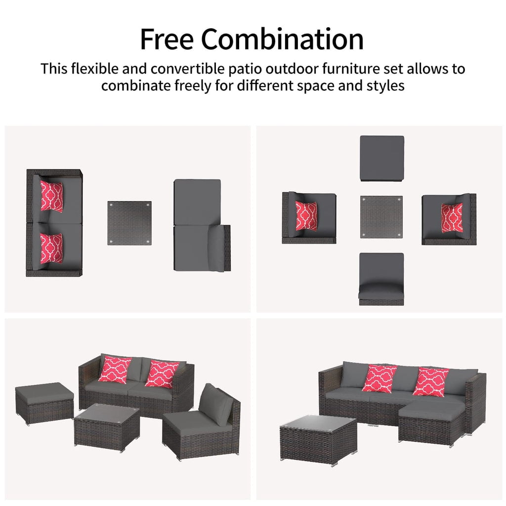 Patio Furniture Set, Aiho 5 Pieces Wicker Outdoor Sectional Sofa with Glass Coffee Table & Soft Cushions for Patio, Backyard, Gray