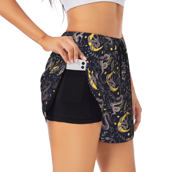 Fuzoiu Snake Sleep Print Women's Athletic Shorts, Double-Layer Running Shorts with Pocket,Women's Workout Shorts for Yoga, Gym, and Workouts-Medium