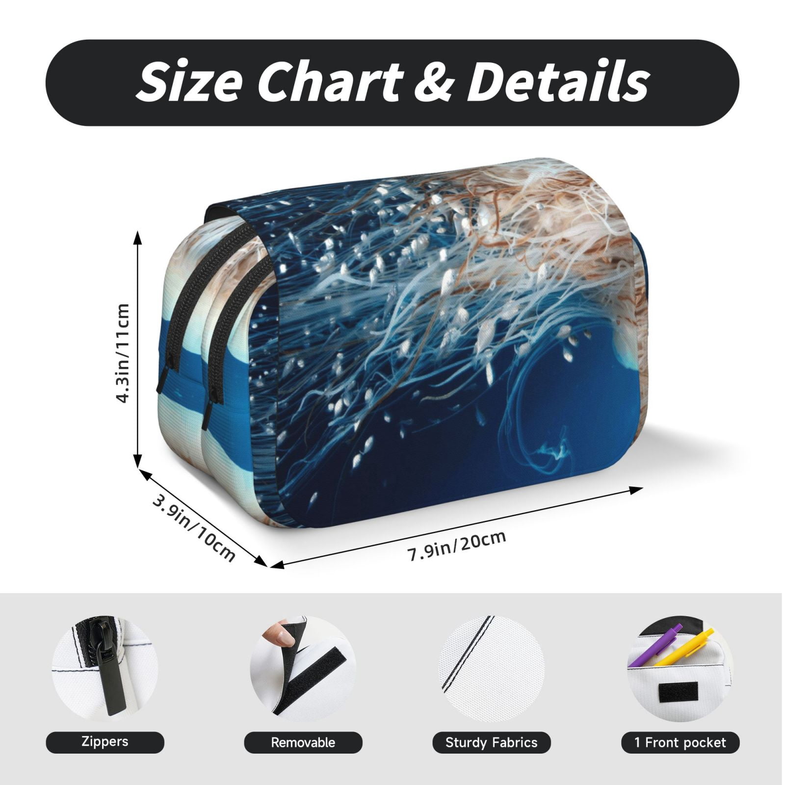 Rateoe White Jellyfish Dansing in the Ocean Pattern Double Clamshell Pen Case, Storage Organizer with Two Zipper Compartments– Holds Up to 50 Pencils & Pens