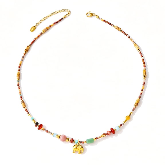 CROPD 18K Gold Plated Stainless Steel Handmade Natural Stone Beaded Necklace, Vintage Multi-Color Stone Choker with Elephant Pendant, Bohemian Versatile Collarbone Chain for Women