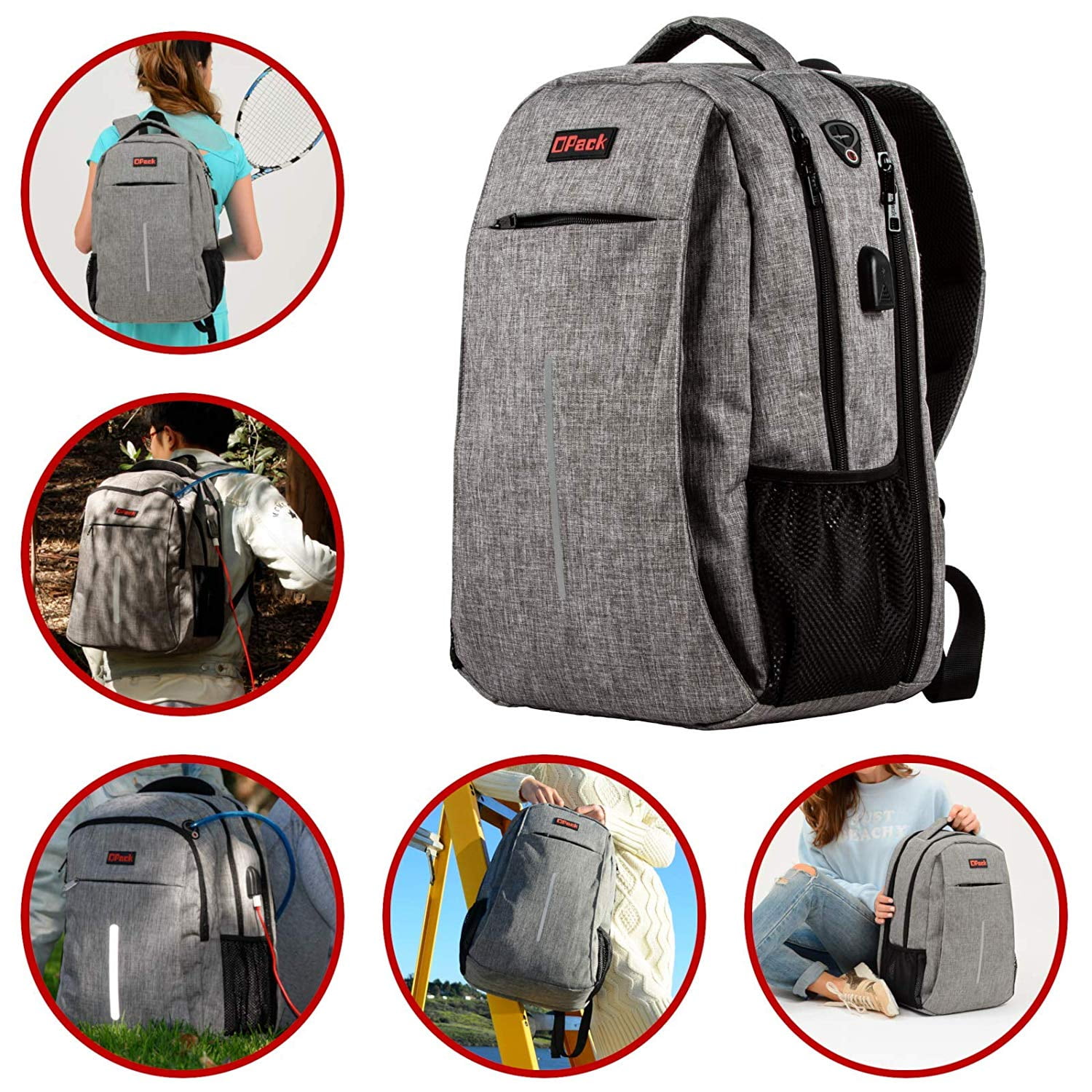 OPACK Large Padded Backpack for Adults, Anti-Theft RFID, USB Port, Suitable for 17" Laptop