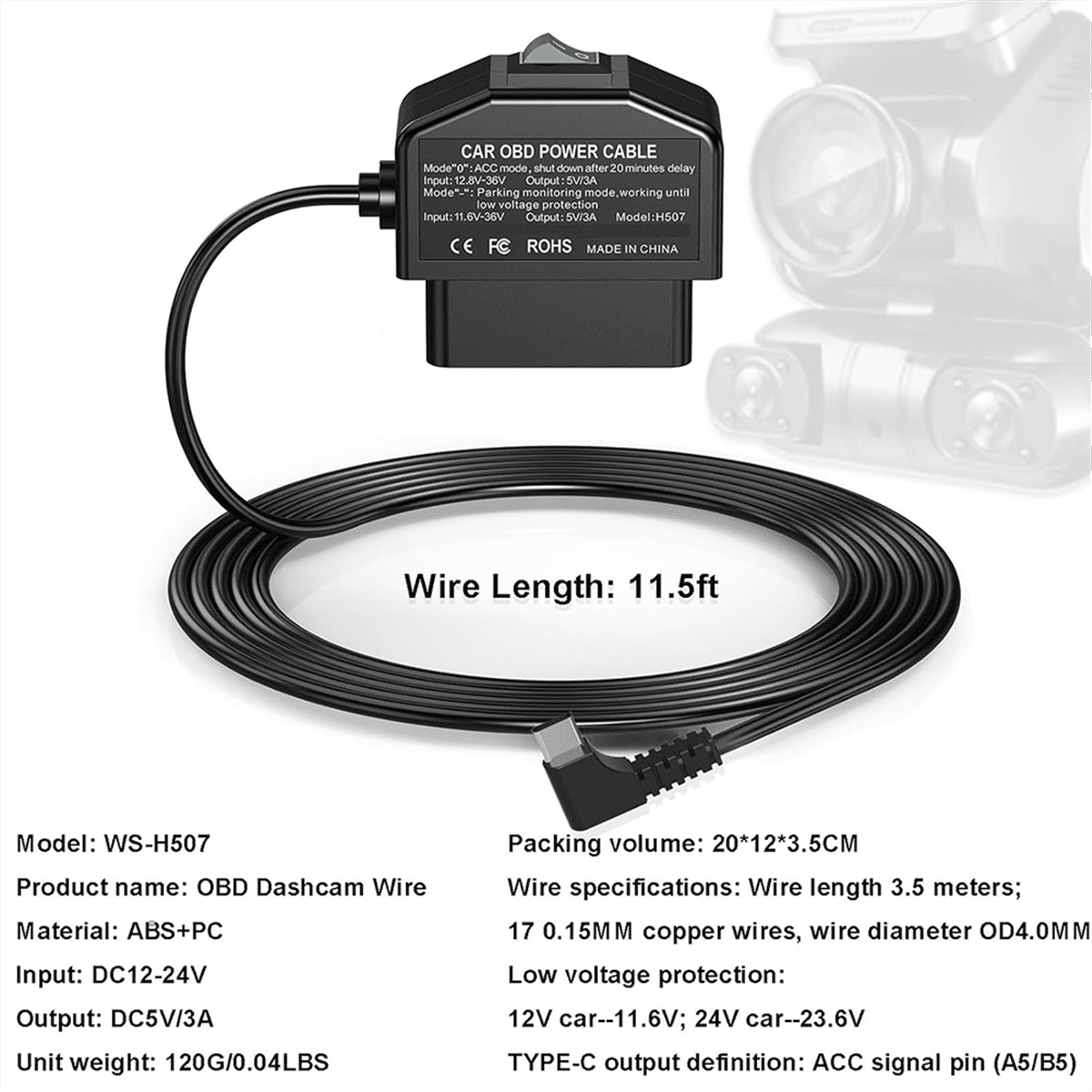 Osmond Dash Cam OBD Hardwire Kit, Dash Camera USB Type C Hardwire Kit