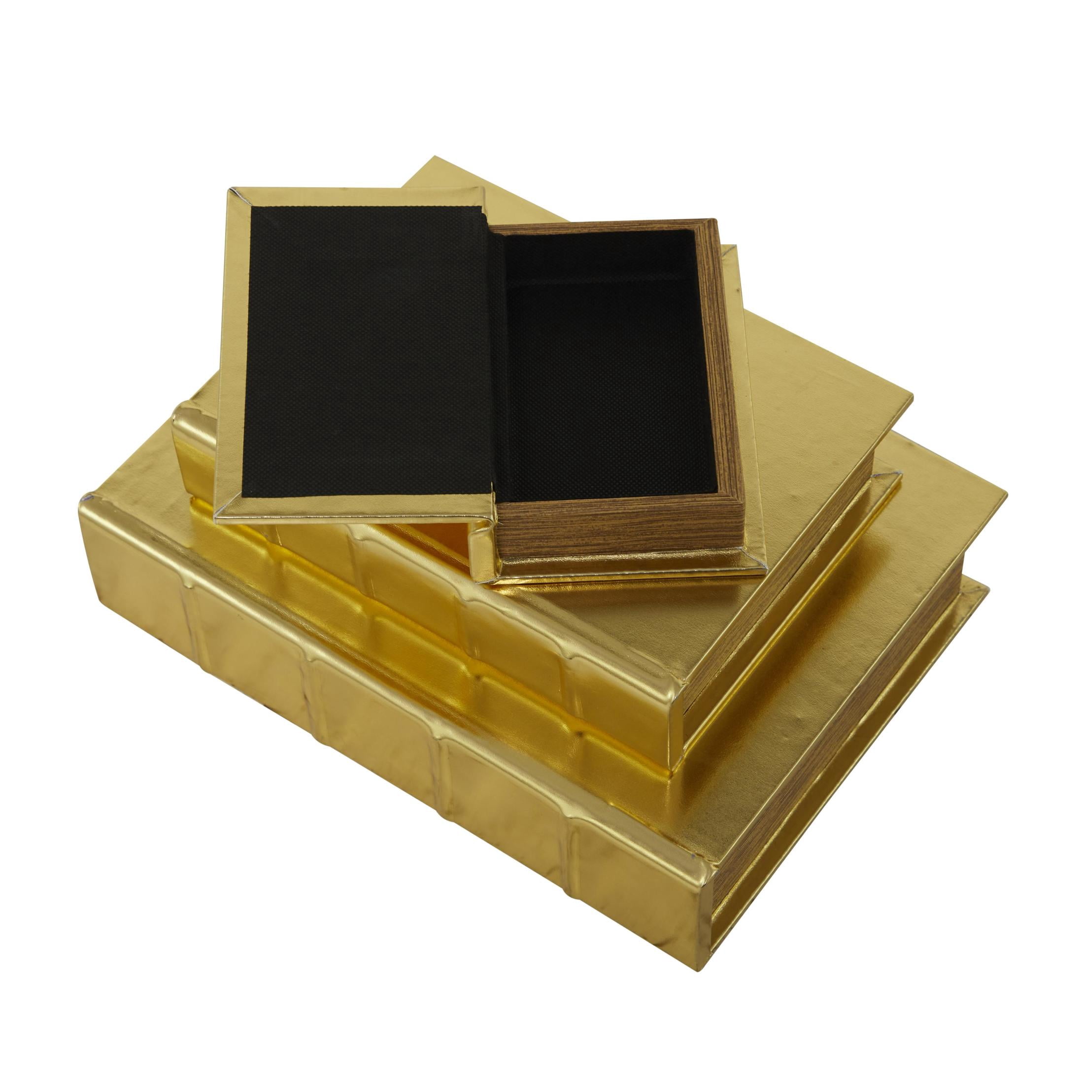 CosmoLiving by Cosmopolitan Metallic Book Storage Gold Faux Leather Decorative Box with Textured Spine, 3 Count