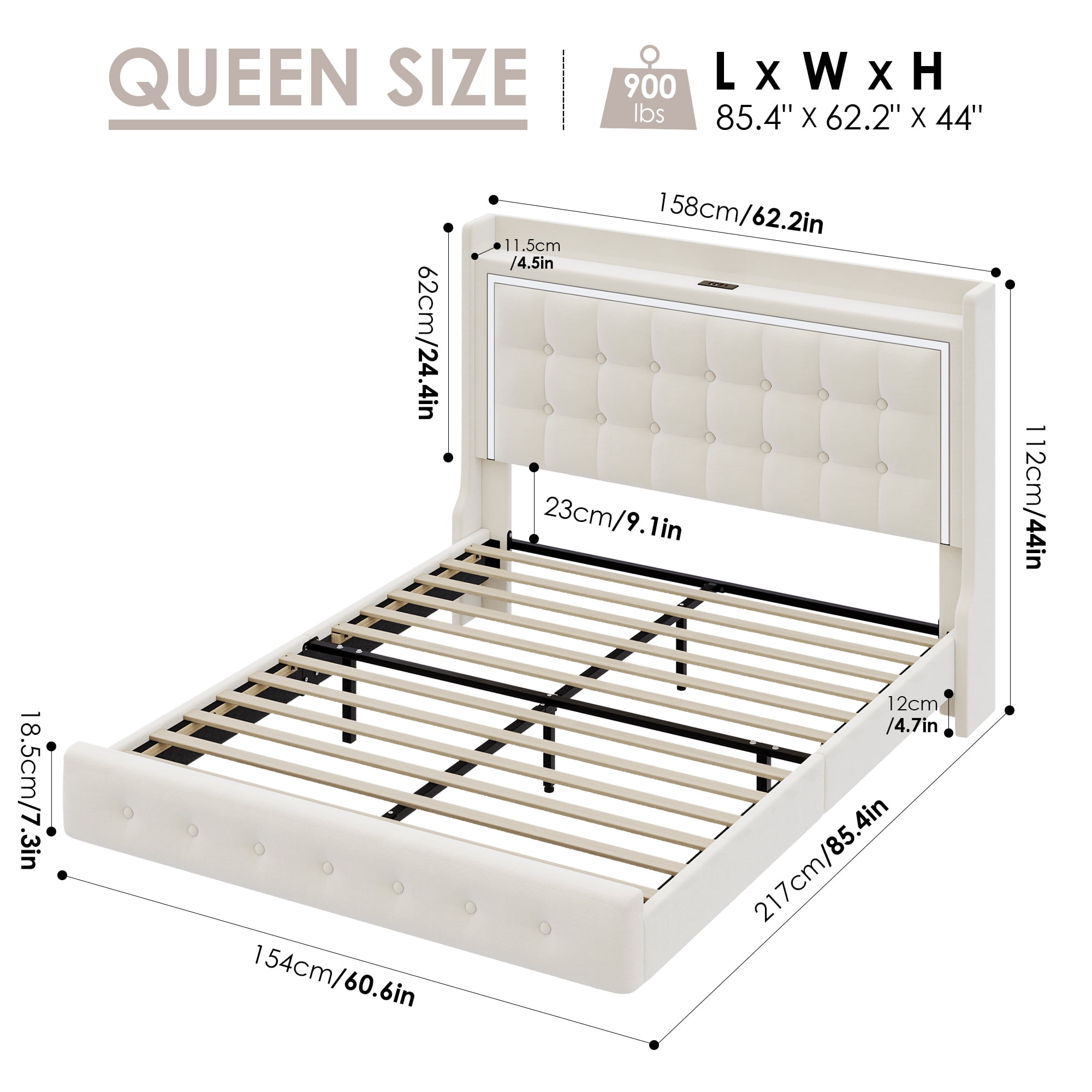 Homfa Queen Size Floating Bed with RGB LED Lights Charging Station, Velvet Upholstered Platform Bed with Storage Headboard, Off-White