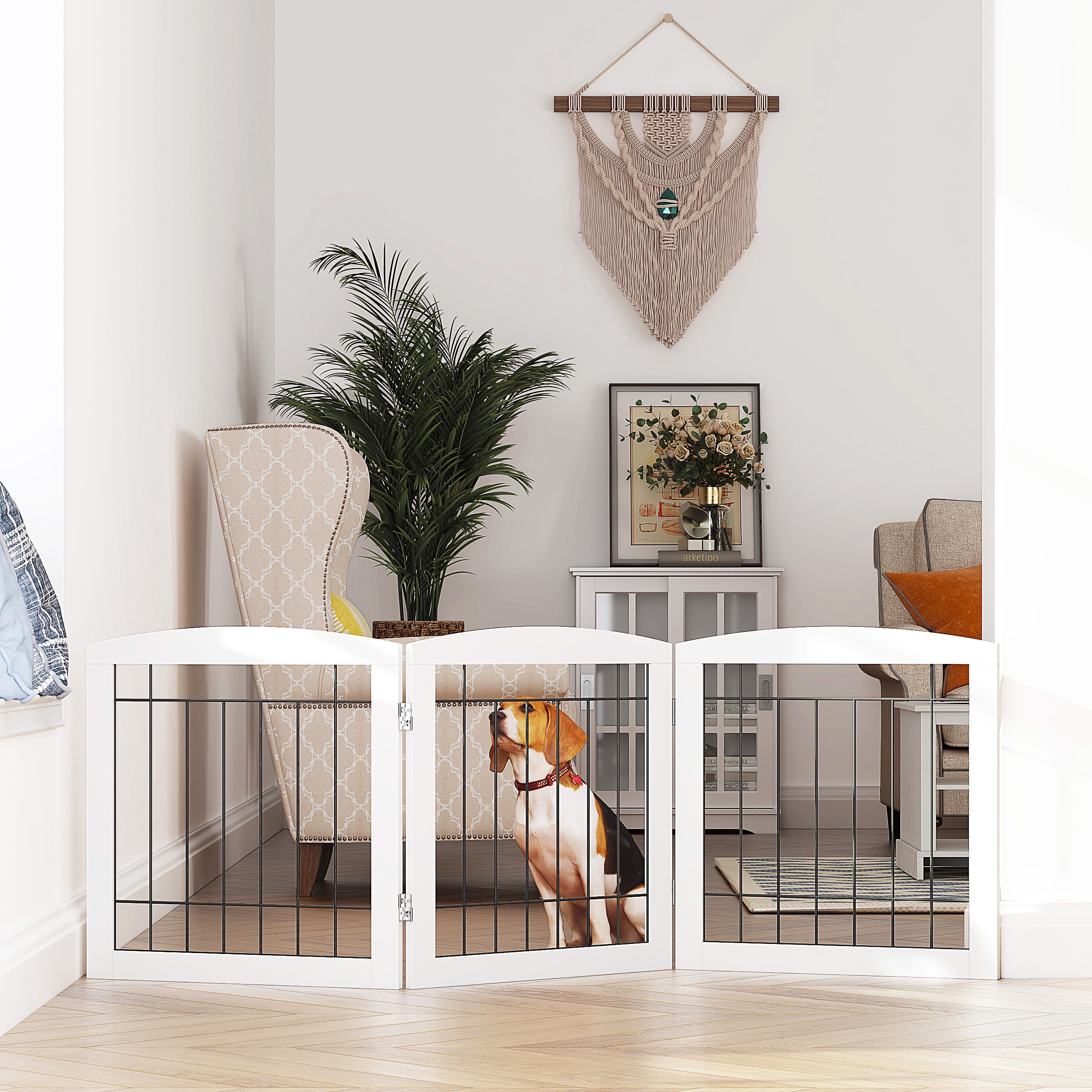 STAROUS White Foldable Pet Gate,Secure Indoor Barrier, Ideal for Doorways, Stairs, and Wide Openings - 60" Wide, 24" Height, 3 Panels
