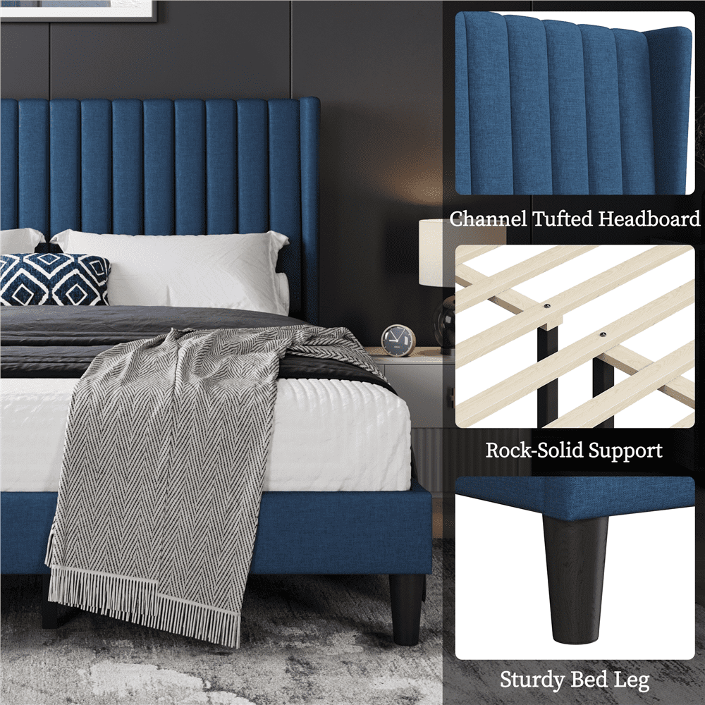 Renwick Queen Upholstered Platform Bed Frame with Channel Tufted Headboard, Navy Blue