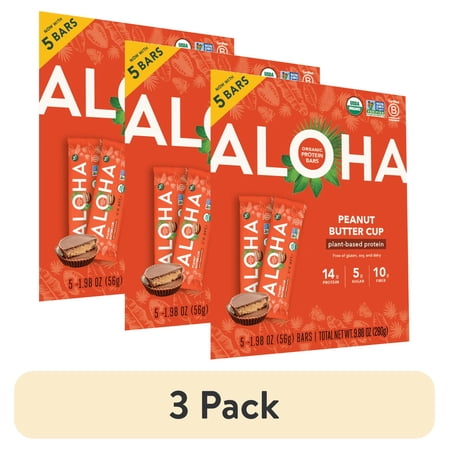 (3 pack) Aloha Plant-Based Protein Bars, 14g Protein, Peanut Butter Cup, 5 Pack